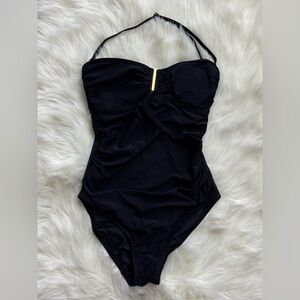 Calvin Klein Black Ruched Gold hook detail One Piece Swimsuit Slimming